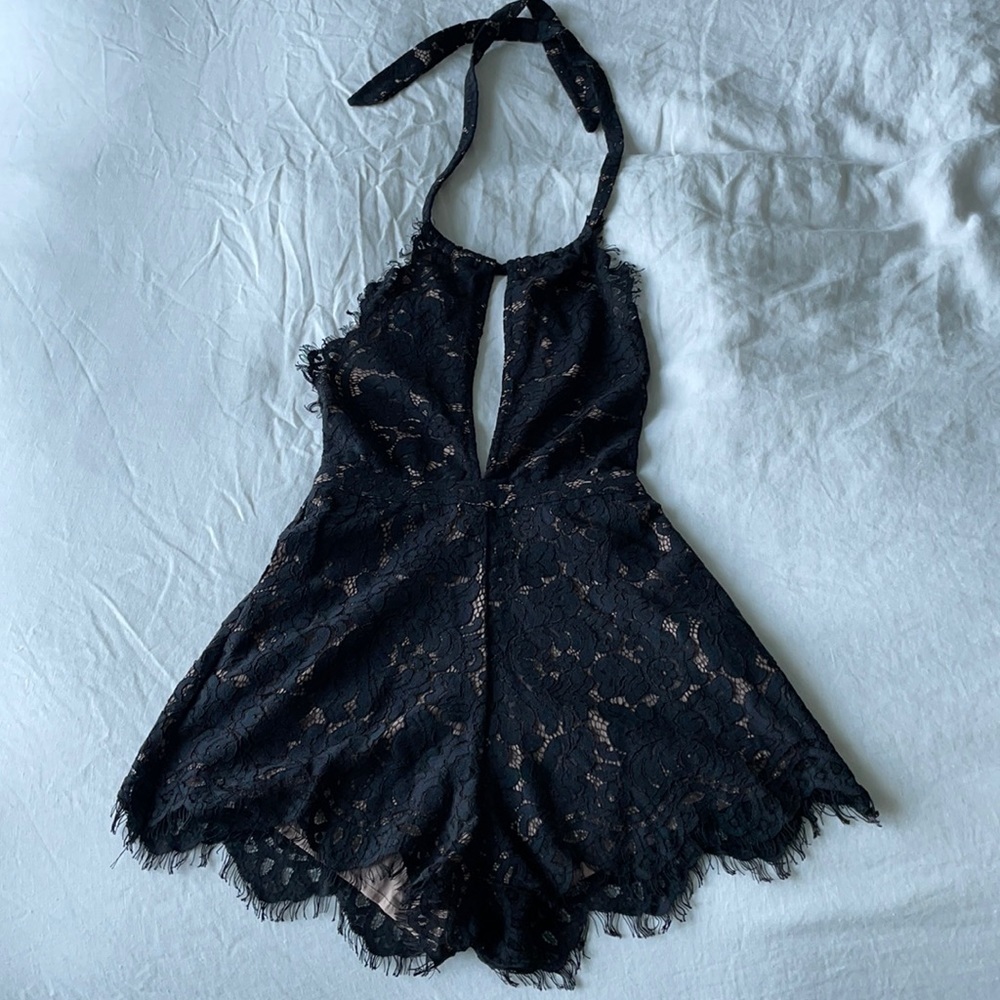 Black lace romper with open back
